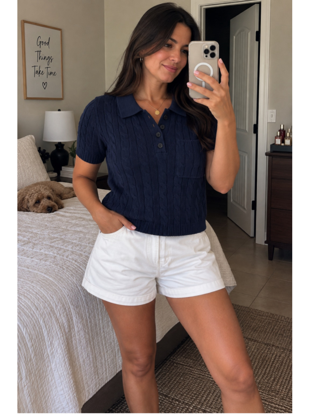 Women's Wild Fable Cable Knit Polo Shirt Blue Size L